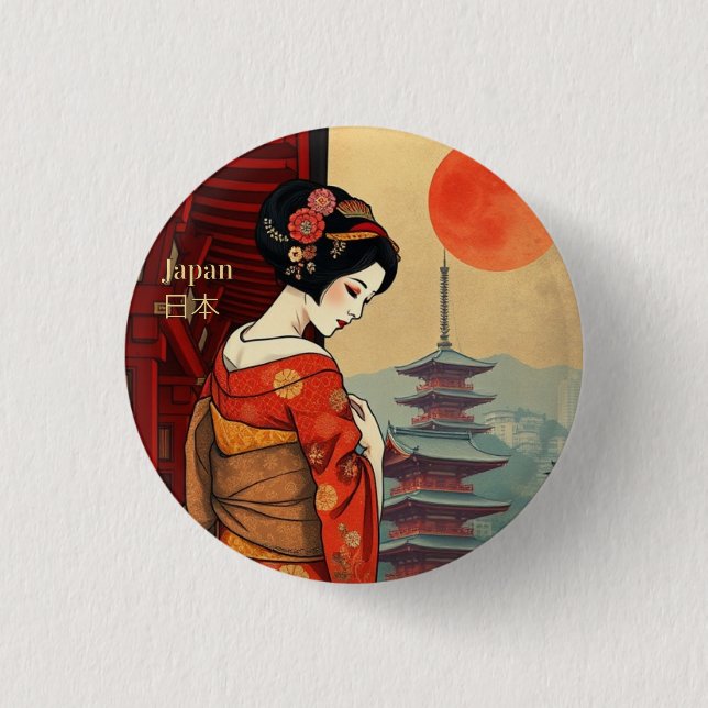 Badge Rond 2,50 Cm Japon 日 本 maiko geisha pagoda sun (Devant)