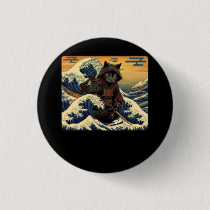 Badge Rond 2,50 Cm Japonais Rétro Samurai Chat La Grande Vague Par Ho