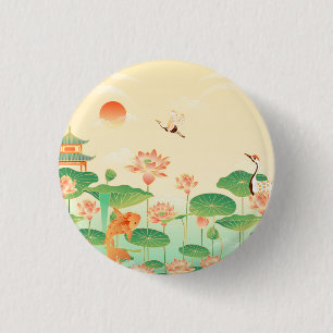 Badge Rond 2,50 Cm Jardin Japonais Étang de Carpes Koï et Nymphéas Ar