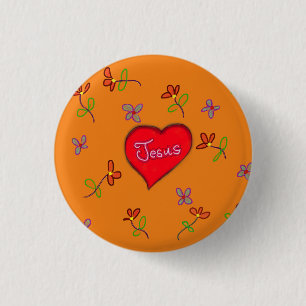 Badge Rond 2,50 Cm Jésus Cœur Rouge Floral Orange Chrétien