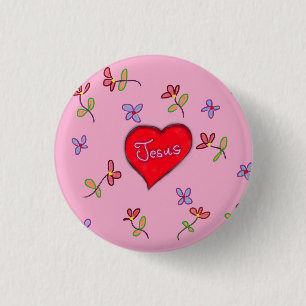 Badge Rond 2,50 Cm Jésus Cœur Rouge Floral Rose Chrétien