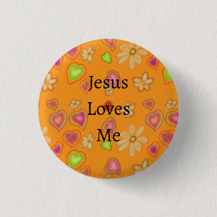 Badge Rond 2,50 Cm Jésus m'aime boutons floraux coeurs jaunes