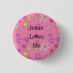 Badge Rond 2,50 Cm Jesus M'aime Floral Cœurs Rose
