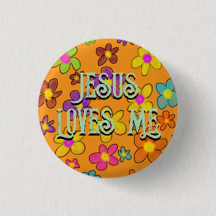 Badge Rond 2,50 Cm Jésus m'aime joli motif de fleurs rétro orange