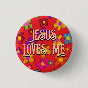 Badge Rond 2,50 Cm Jésus m'aime motif fleur rétro rouge