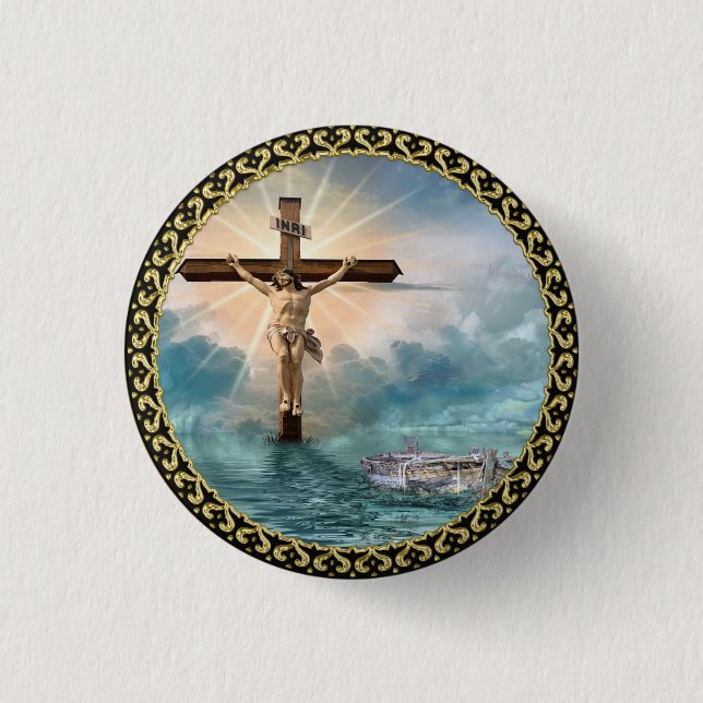 Badge Rond 2,50 Cm Jésus pendant d'une croix chrétienne de (Devant)