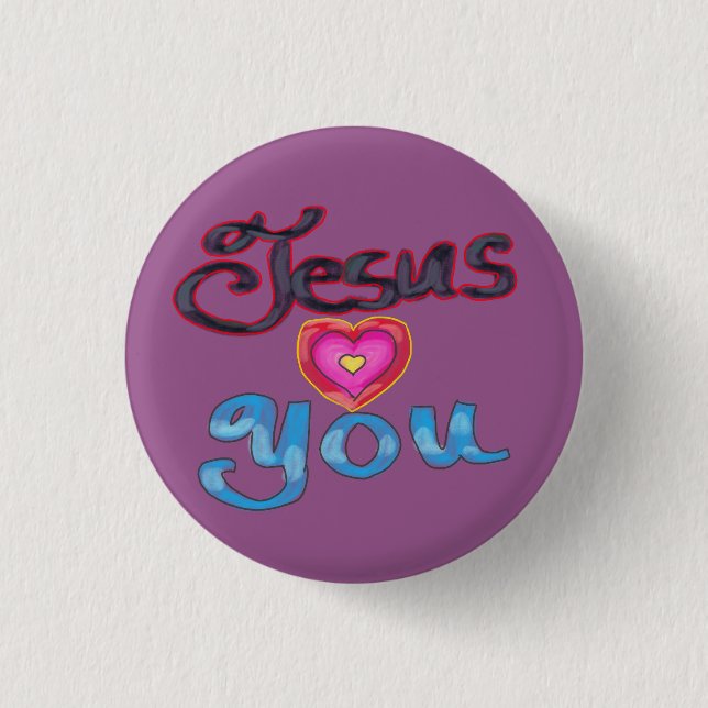 Badge Rond 2,50 Cm ‘Jésus t'aime’ avec le coeur rose sur le violet (Devant)