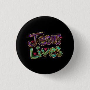 Badge Rond 2,50 Cm Jésus vit avec des cœurs rouges