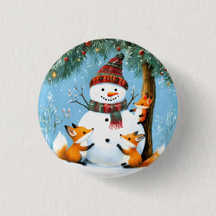 Badge Rond 2,50 Cm Joli bonhomme de neige et renards de la forêt hive