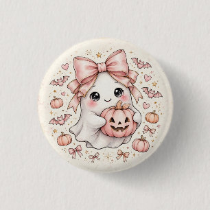 Badge Rond 2,50 Cm Joli Fantôme à Ruban Rose Halloween Citrouille Fêt