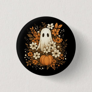 Badge Rond 2,50 Cm Joli Fantôme avec Citrouille et Fleurs d'Automne –