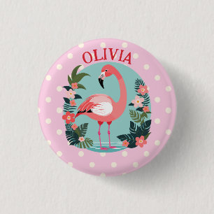 Badge Rond 2,50 Cm Joli flamant rose floral à pois de dessin animé