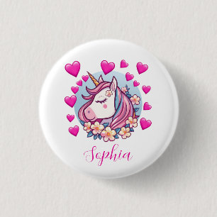 Badge Rond 2,50 Cm Joli Licorne, Cœurs Roses & Fleurs, Nom Personnali