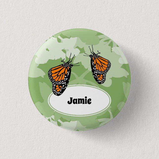 Badge Rond 2,50 Cm Joli papillon monarque floral vert bouton nom (Devant)