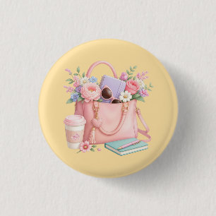 Badge Rond 2,50 Cm Joli sac à main floral rose avec fond jaune