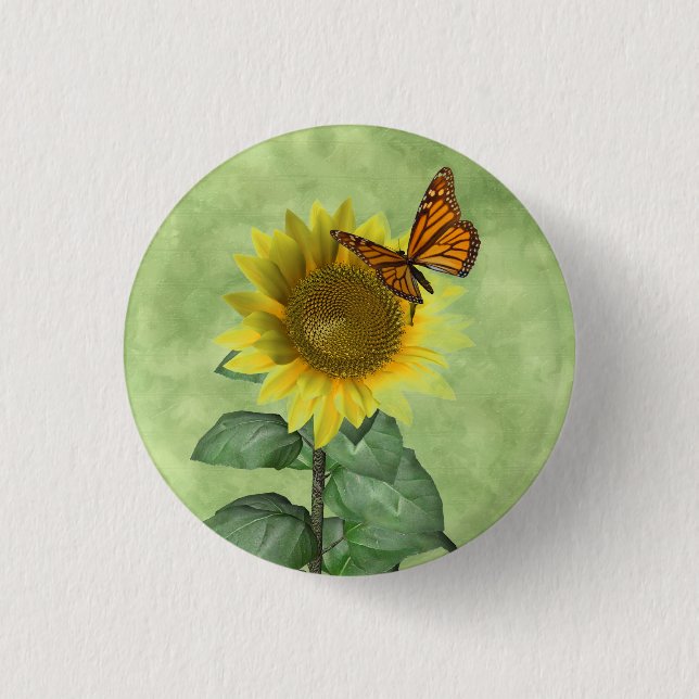Badge Rond 2,50 Cm Joli tournesol jaune et papillon orange (Devant)