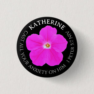 Badge Rond 2,50 Cm Jolie fleur rose chaud et noir Nom de verset bibli