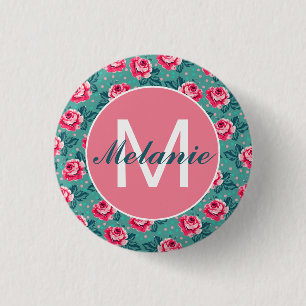 Badge Rond 2,50 Cm Jolies Roses Roses et Points sur Teal Personnalisé