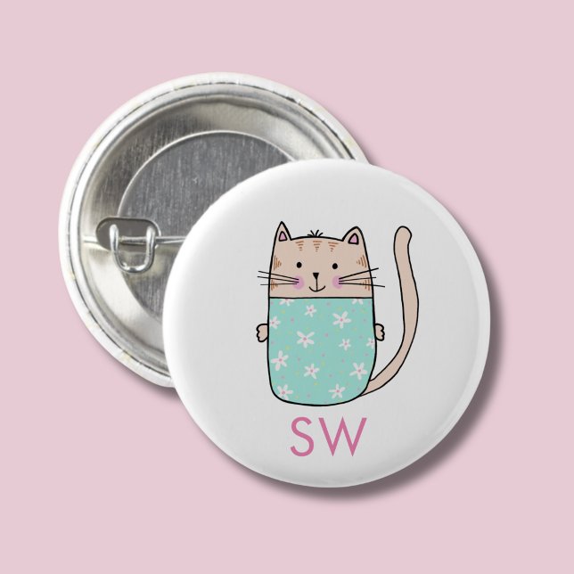 Badge Rond 2,50 Cm Jolis Initiales de Chat Floral Monogramme (Kitty Cat personalized button)