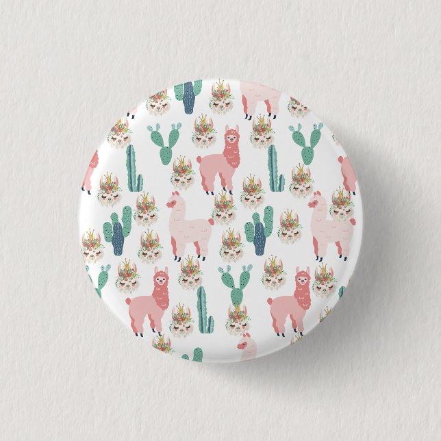 Badge Rond 2,50 Cm Jolis Llamas roses et Cactus vert (Devant)