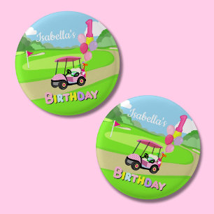 Badge Rond 2,50 Cm Joyeux 1er Anniversaire Golf Fille Rose Pois