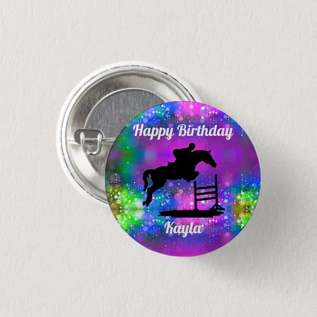 Badge Rond 2,50 Cm Joyeux Anniversaire Chasseur Cheval Jumper Equestr (Devant & derrière)