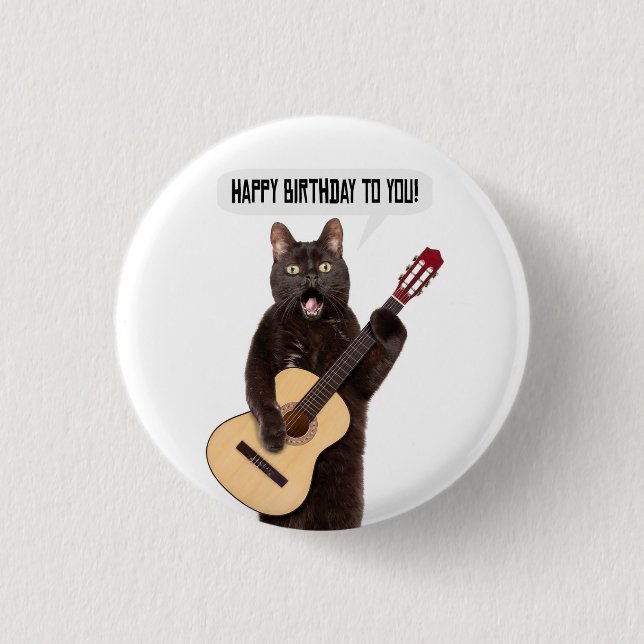 Badge Rond 2,50 Cm Joyeux Anniversaire Chat chantant et jouant de la  (Devant)