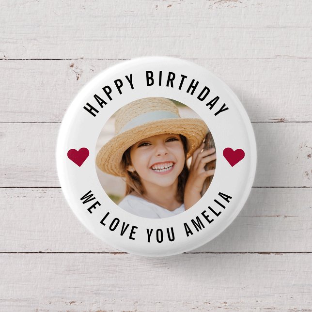 Badge Rond 2,50 Cm Joyeux Anniversaire Photo Simple Chic Coeurs Moder (Créateur téléchargé)