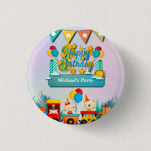 Badge Rond 2,50 Cm Joyeux Anniversaire Train Avec Vœux Animaux Mignon