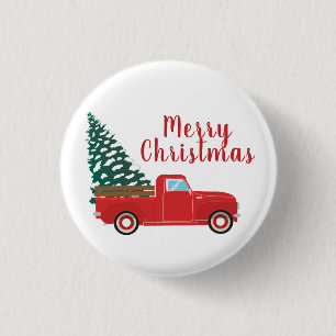 Badge Rond 2,50 Cm Joyeux Camion De Ramassage De Noël Avec Arbre Roug