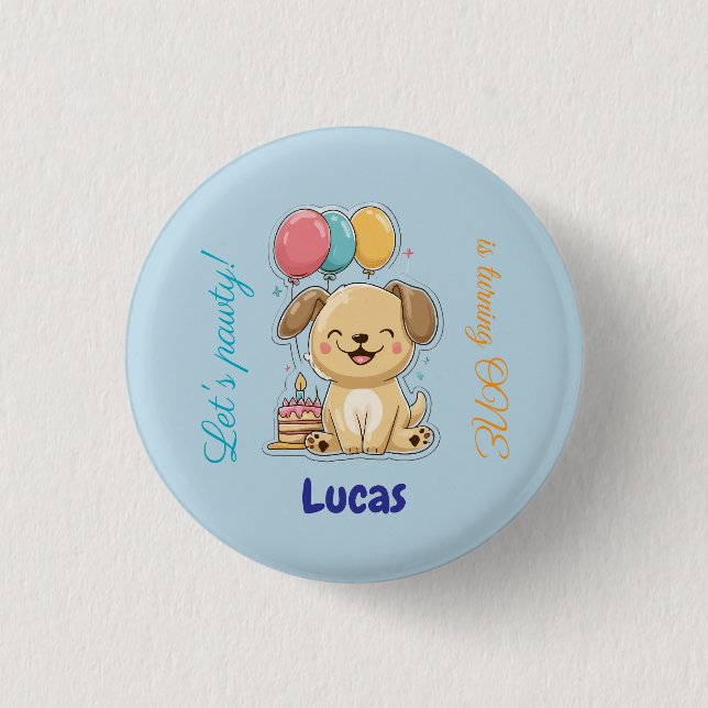 Badge Rond 2,50 Cm Joyeux chiot, garçon, faisons la fête, 1er anniver (Devant)