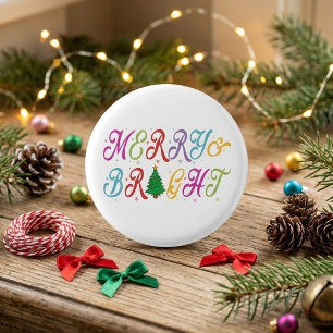 Badge Rond 2,50 Cm Joyeux et brillant Colorful Arbre de Noël Festif