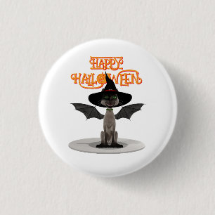 Badge Rond 2,50 Cm Joyeux Halloween. Chat avec ailes et casquette de