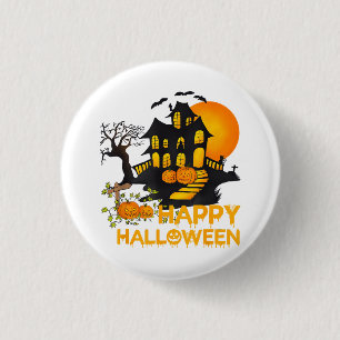 Badge Rond 2,50 Cm Joyeux Halloween Citrouille Squelettique Maison Ha
