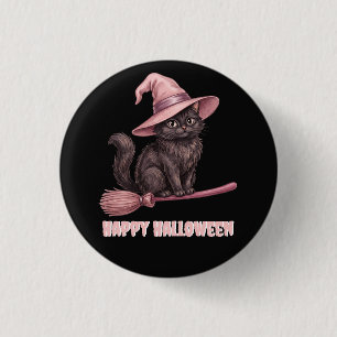 Badge Rond 2,50 Cm Joyeux Halloween Pinkoween Chatte Sorcière Vintage