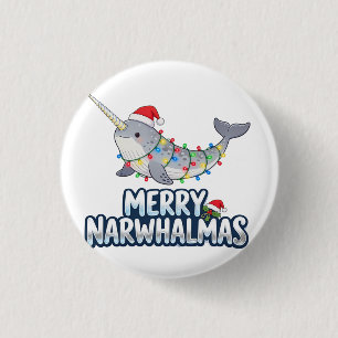 Badge Rond 2,50 Cm Joyeux Narwhalmas portant un chapeau de Père Noël