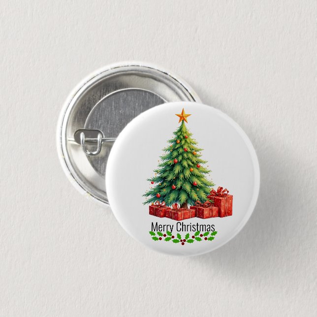 Badge Rond 2,50 Cm Joyeux Noël, Arbre Décoré, (Devant & derrière)