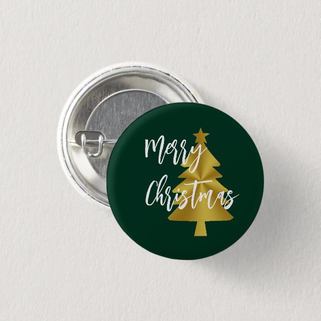 Badge Rond 2,50 Cm Joyeux Noël Arbre vert Or et blanc Script (Devant & derrière)
