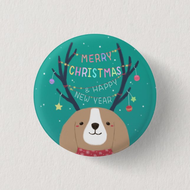 Badge Rond 2,50 Cm Joyeux Noël : Art d'Illustration Beagle (Devant)