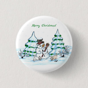 Badge Rond 2,50 Cm Joyeux Noël ! Bonhomme de neige avec chat et chiot