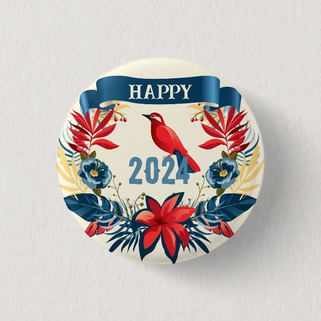 Badge Rond 2,50 Cm Joyeux Noël et Bonne Année ! Oiseau rouge 2024 (Devant)
