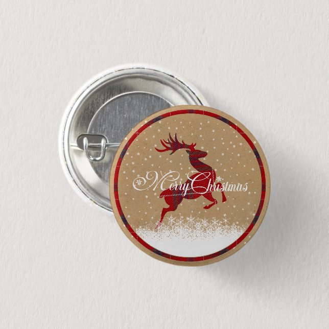 Badge Rond 2,50 Cm Joyeux Noël Kraft & Tartan Red ID590 (Devant & derrière)