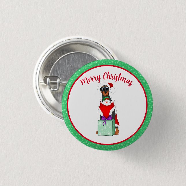Badge Rond 2,50 Cm Joyeux Noël Mignonne Doberman En Tenue Père Noël (Devant & derrière)