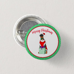 Badge Rond 2,50 Cm Joyeux Noël Mignonne Doberman En Tenue Père Noël