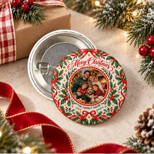 Badge Rond 2,50 Cm Joyeux Noël Photo de houx aux baies Arc ruban