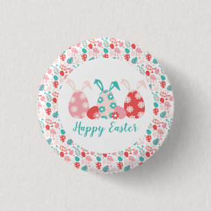 Badge Rond 2,50 Cm Joyeux OEufs Décorés De Pâques Oreilles De Lapin