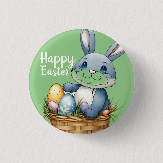 Badge Rond 2,50 Cm Joyeux Pâques, Lapin Dans Le Panier D'Oeufs (Devant)
