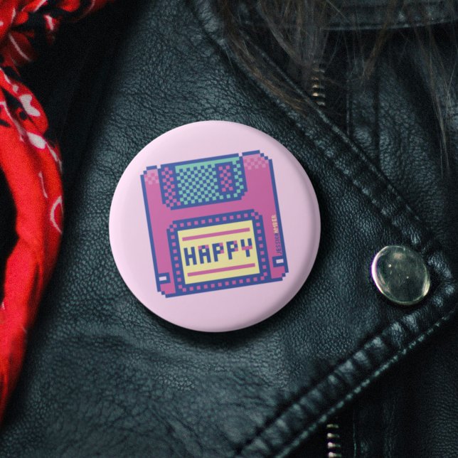Badge Rond 2,50 Cm Joyeux Pink Blue Pixel Art 90s Disquette (Happy Pink Blue Pixel Art 90s Floppy Disk Button)