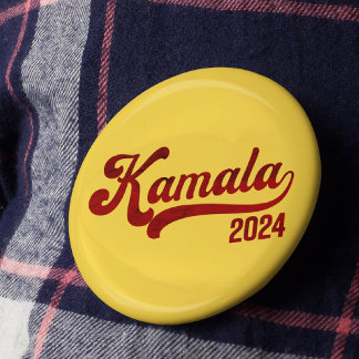 Badge Rond 2,50 Cm Kamala 2024 Retro Varsity Gold et Red Button Pin