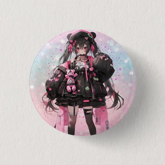 Badge Rond 2,50 Cm Kawaii Anime Girl en Robe rose et noire (Devant)